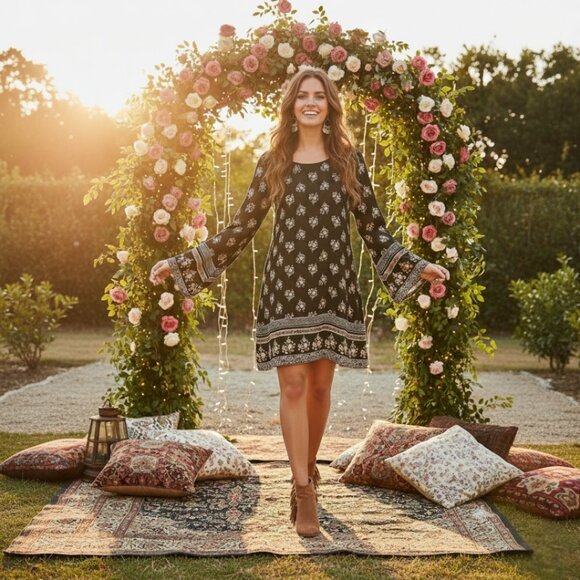 Xhilaration Dresses & Skirts - Xhilaration Black Floral Boho Dress Long Bell Sleeves Keyhole Pockets L